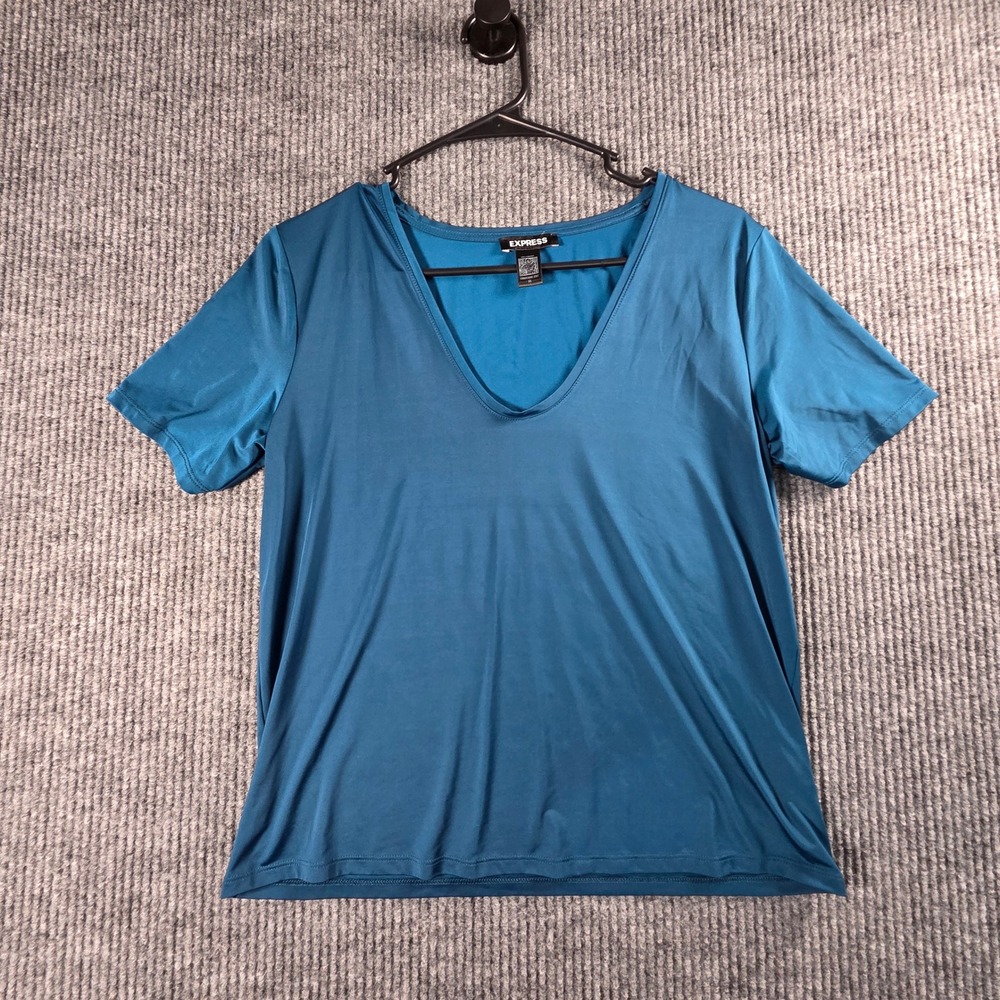 Express Conscious Edit Womens Teal Blue V-Neck Short Sleeve Top Shirt XS